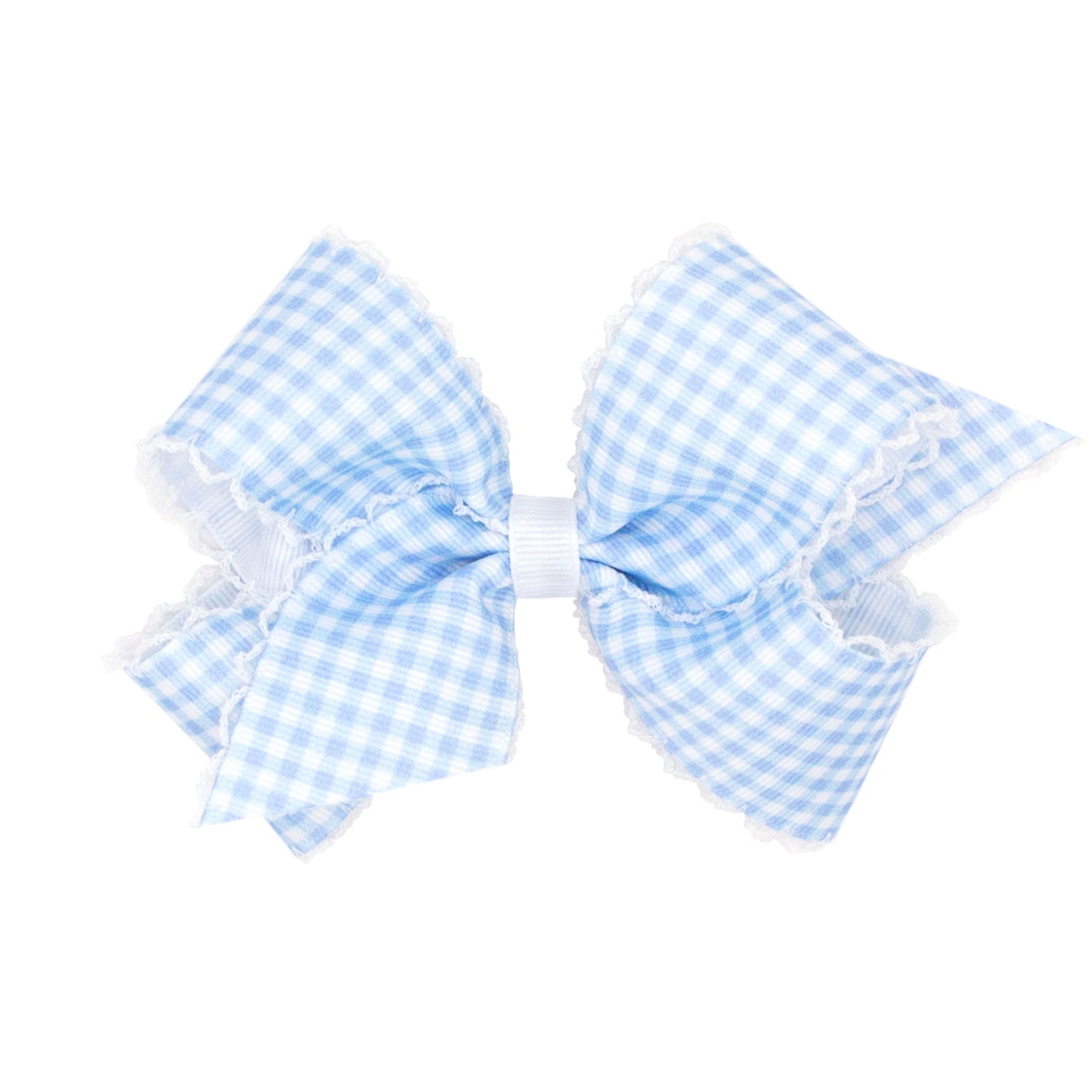 Medium Gingham-Printed Grosgrain Hair Bow with Moonstitch Edge - Blue