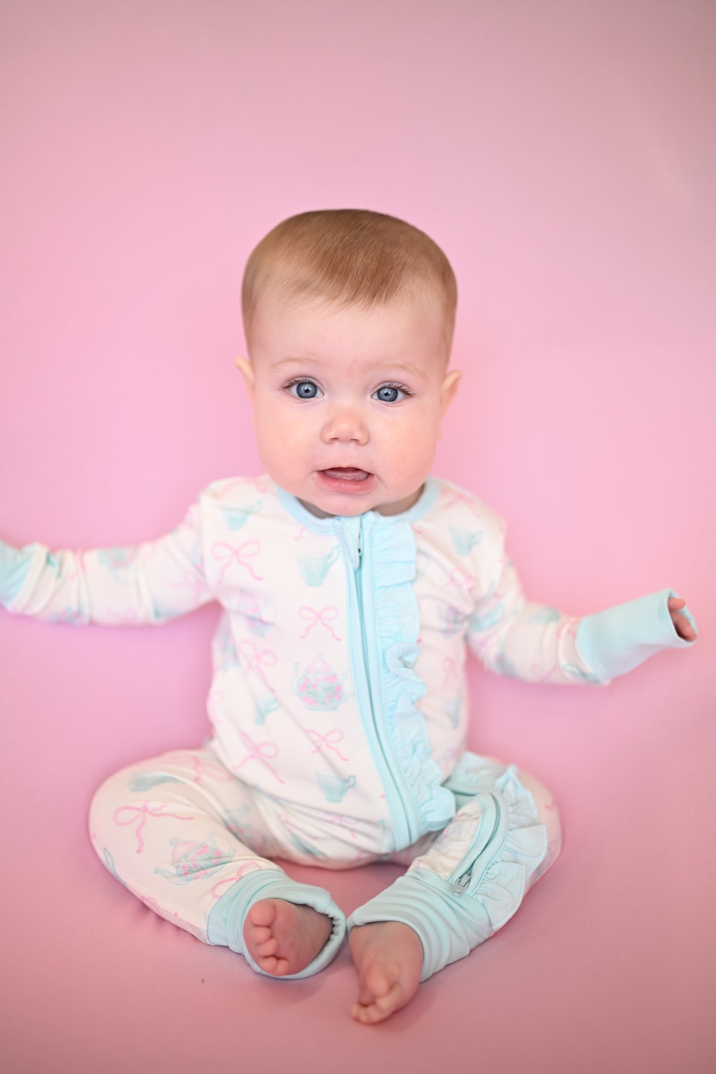 Girls Teacup Ruffle Double Zipper Romper