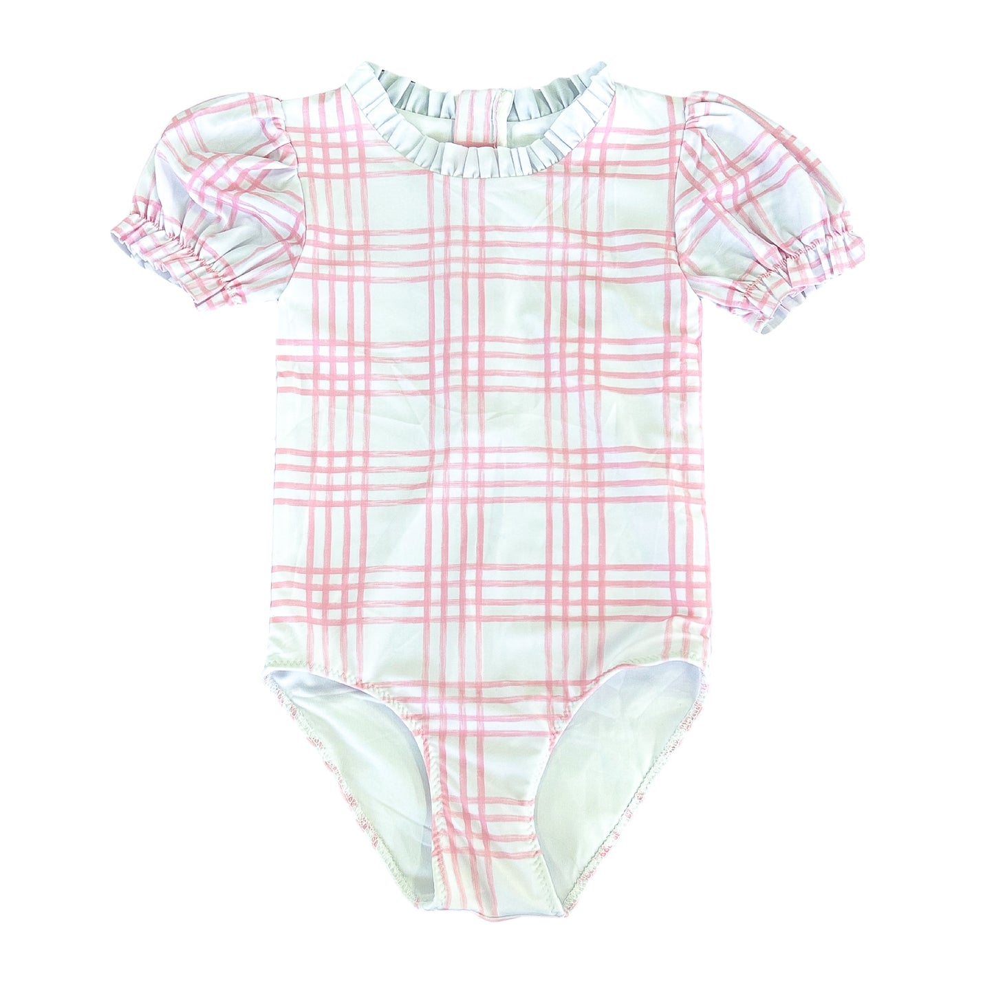 Preppy Pink Plaid Bubble Sleeve One Piece
