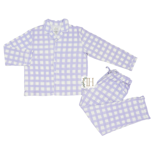Womens Purple Check Button Down Loungewear Set