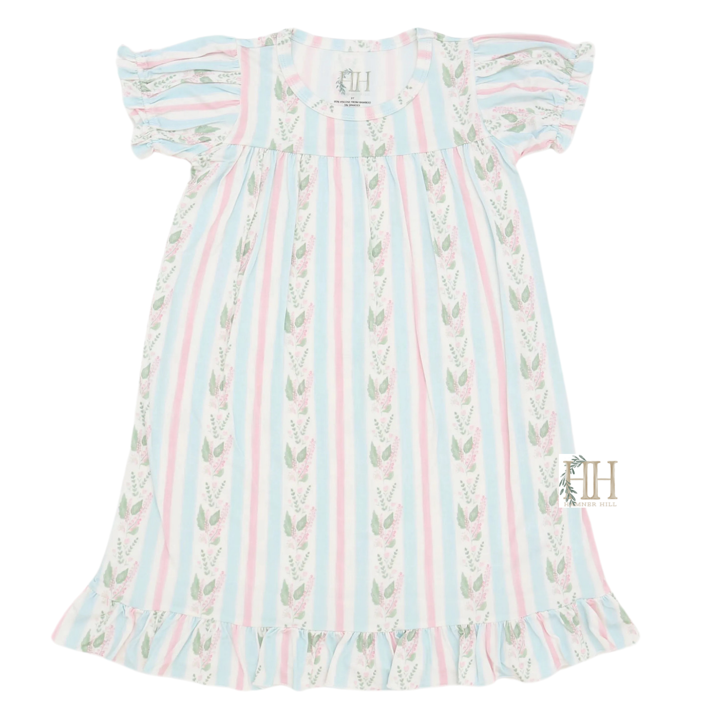 Girls Blue Floral Stripes Nightgown