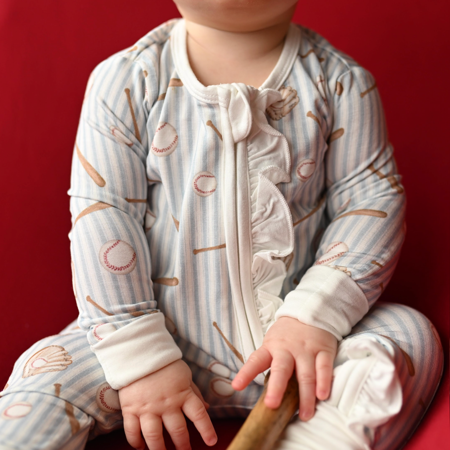 Girls Baseball Ruffle Double Zipper Romper