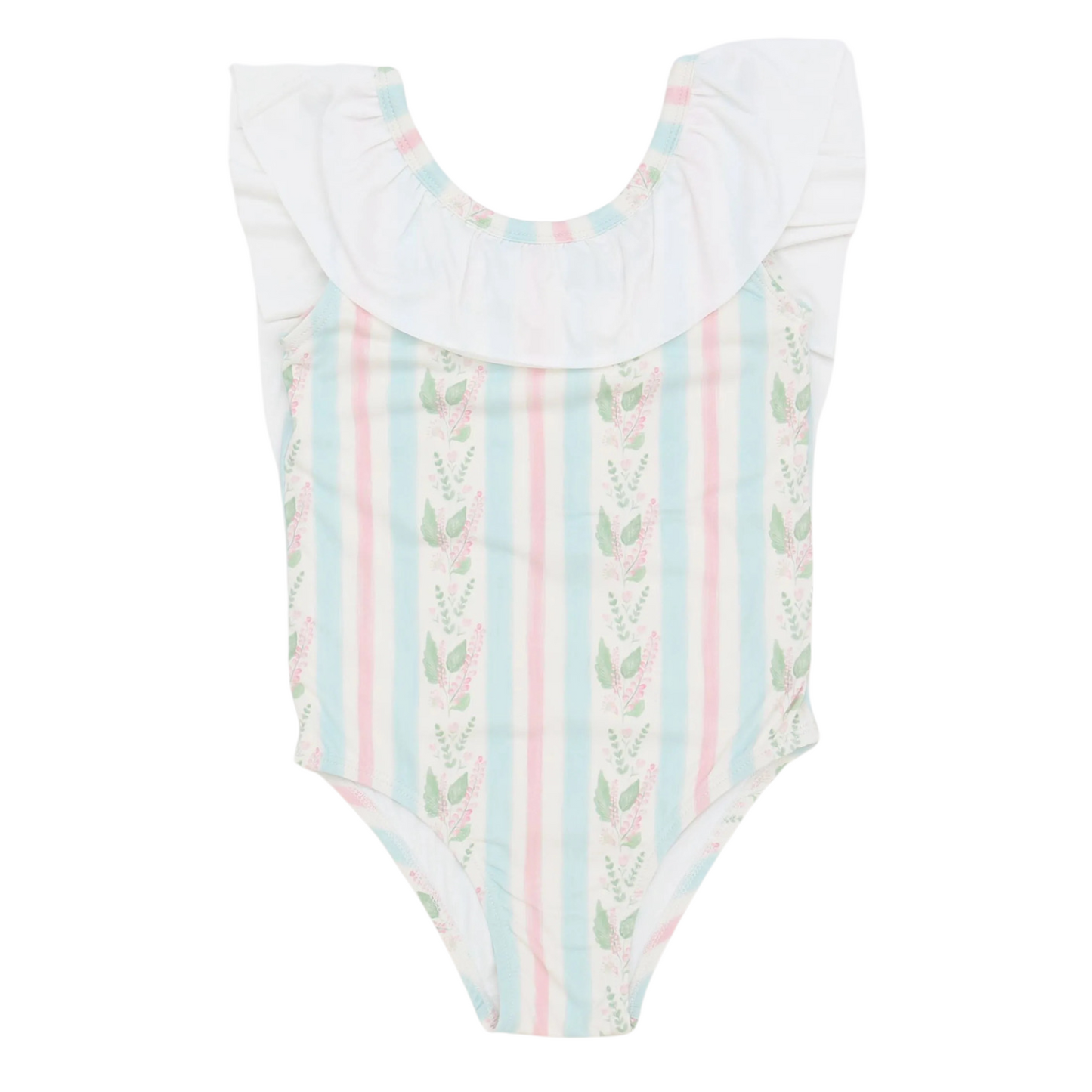 Girls Blue Floral Stripes Flutter Sleeve One Piece