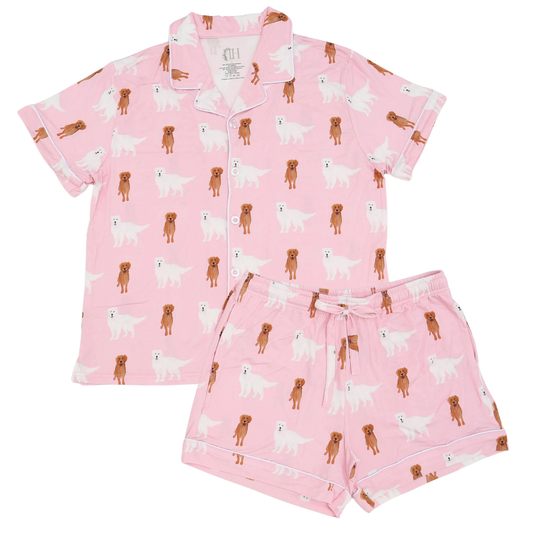 Womens Golden Retriever Button Down Shorts Set