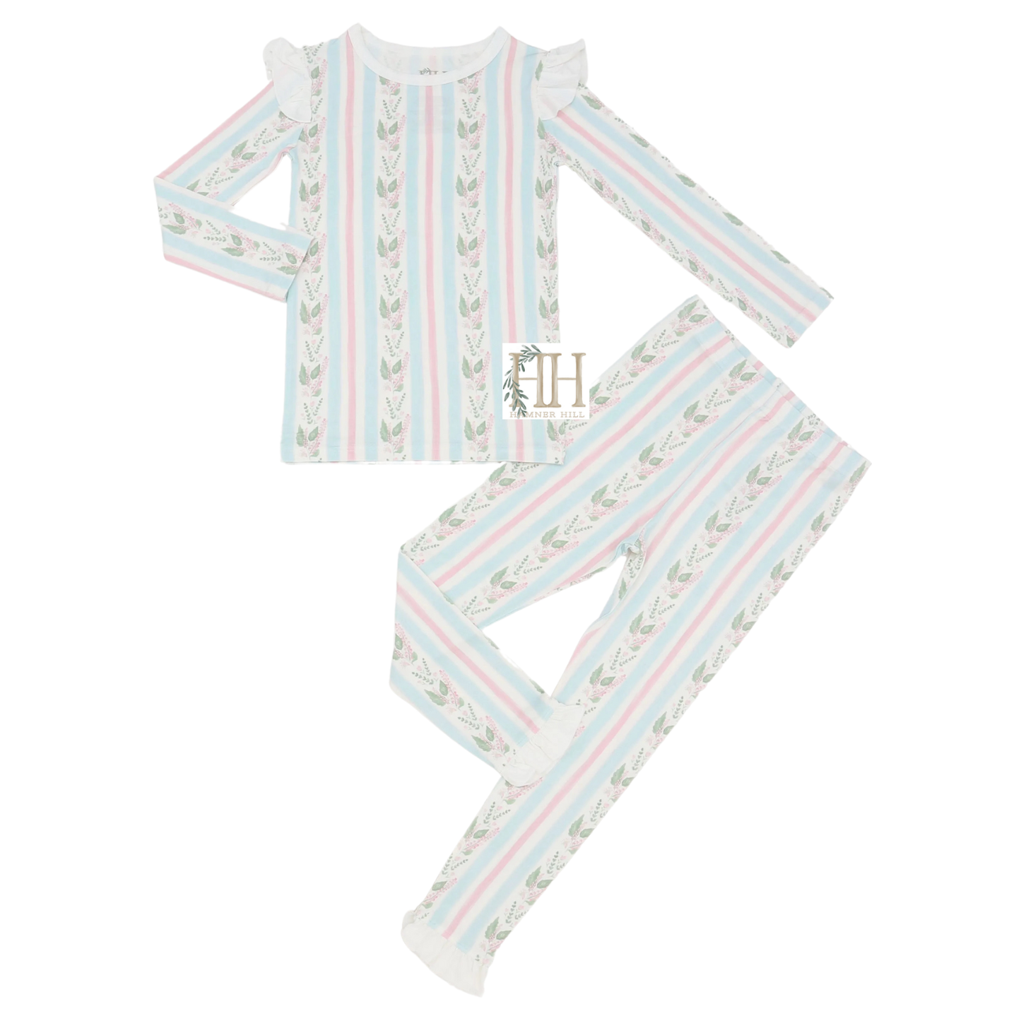 Girls Blue Floral Stripes Loungewear Set
