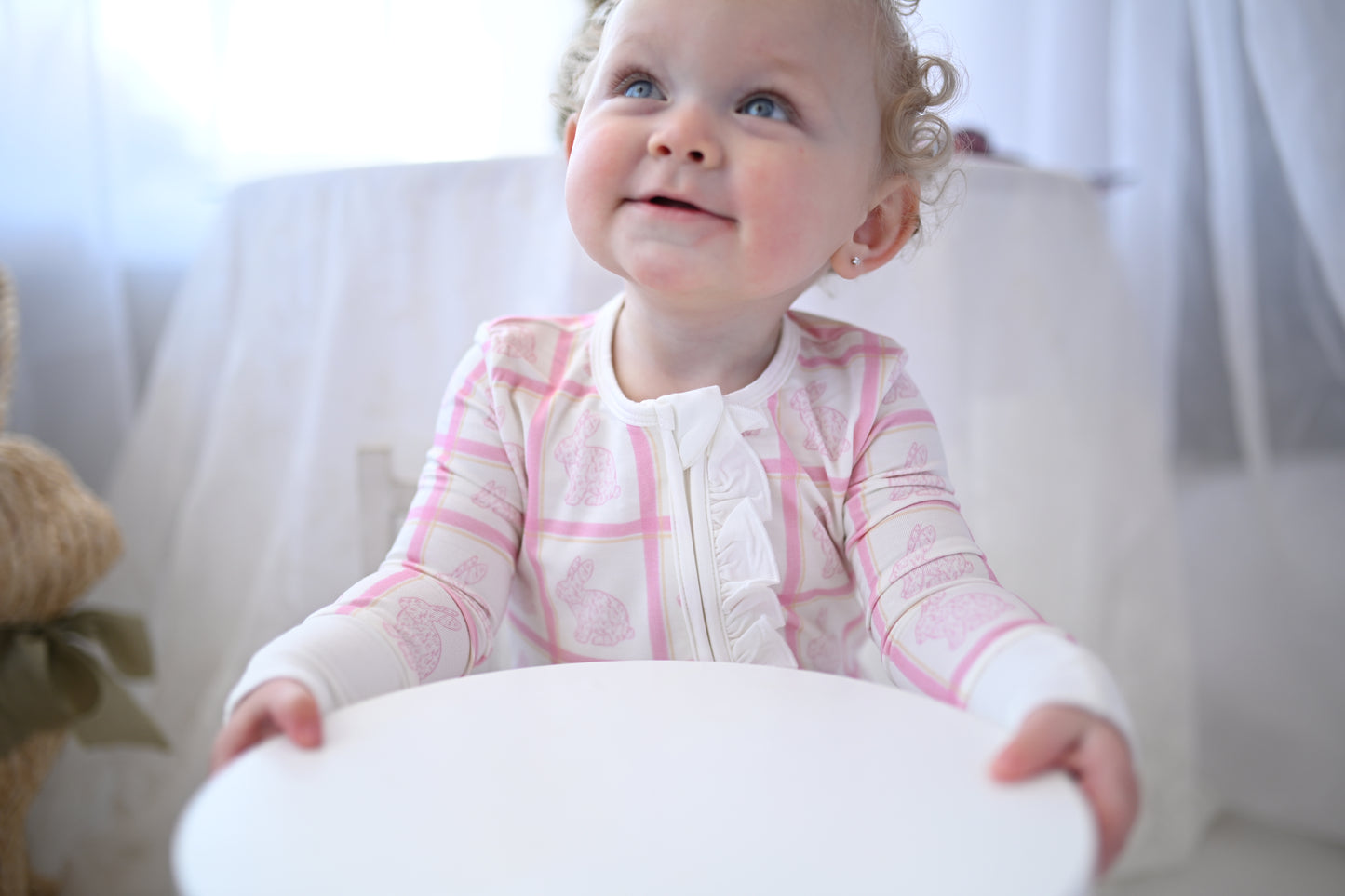 Girls Pink Check Bunny Ruffle Double Zipper Romper