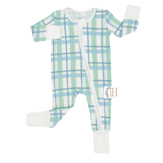 Blue and Green Check Double Zipper Romper