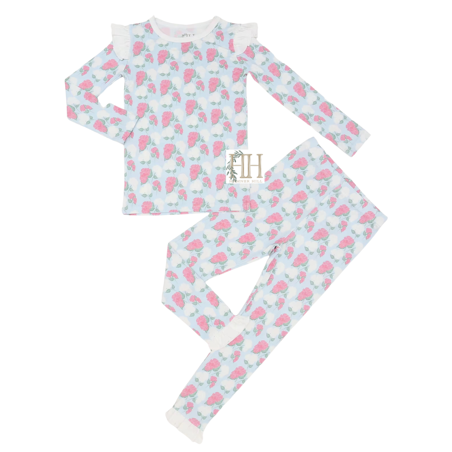 Girls Pink Hydrangea Ruffle Loungewear Set