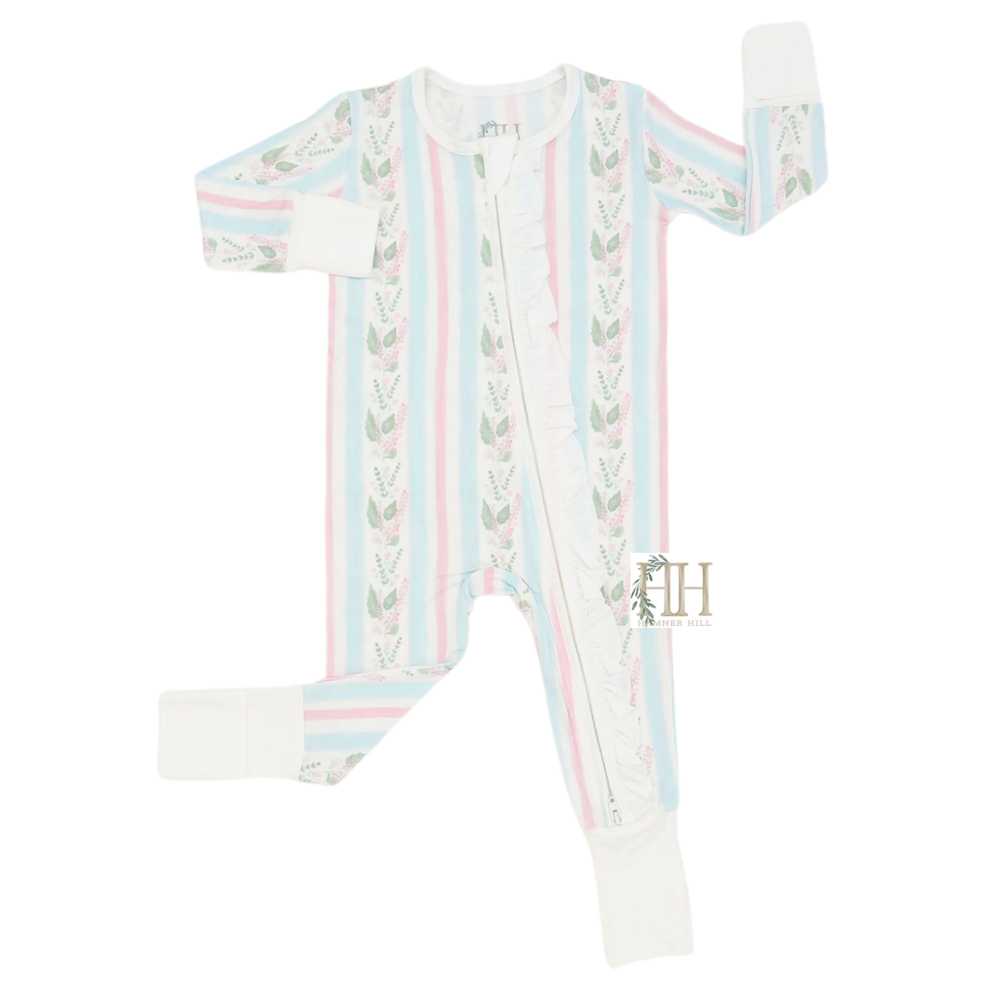 Girls Floral Blue Stripes Ruffle Double Zipper Romper