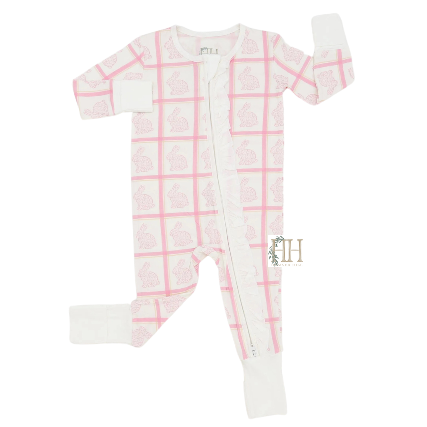 Girls Pink Check Bunny Ruffle Double Zipper Romper
