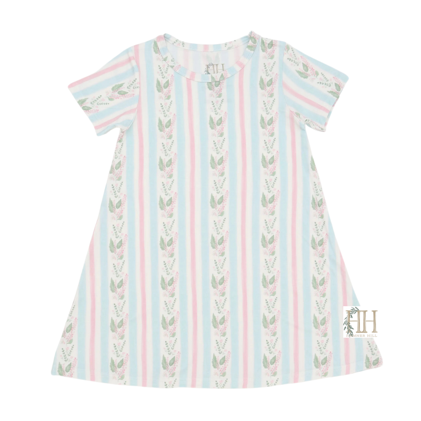 Girls Blue Floral Stripe Bamboo Dress