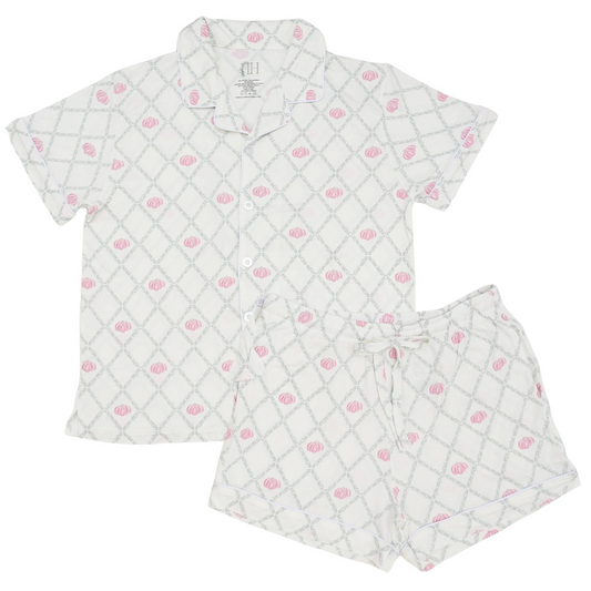 Women Pink Pumpkin Trellis Button Down Shorts Set