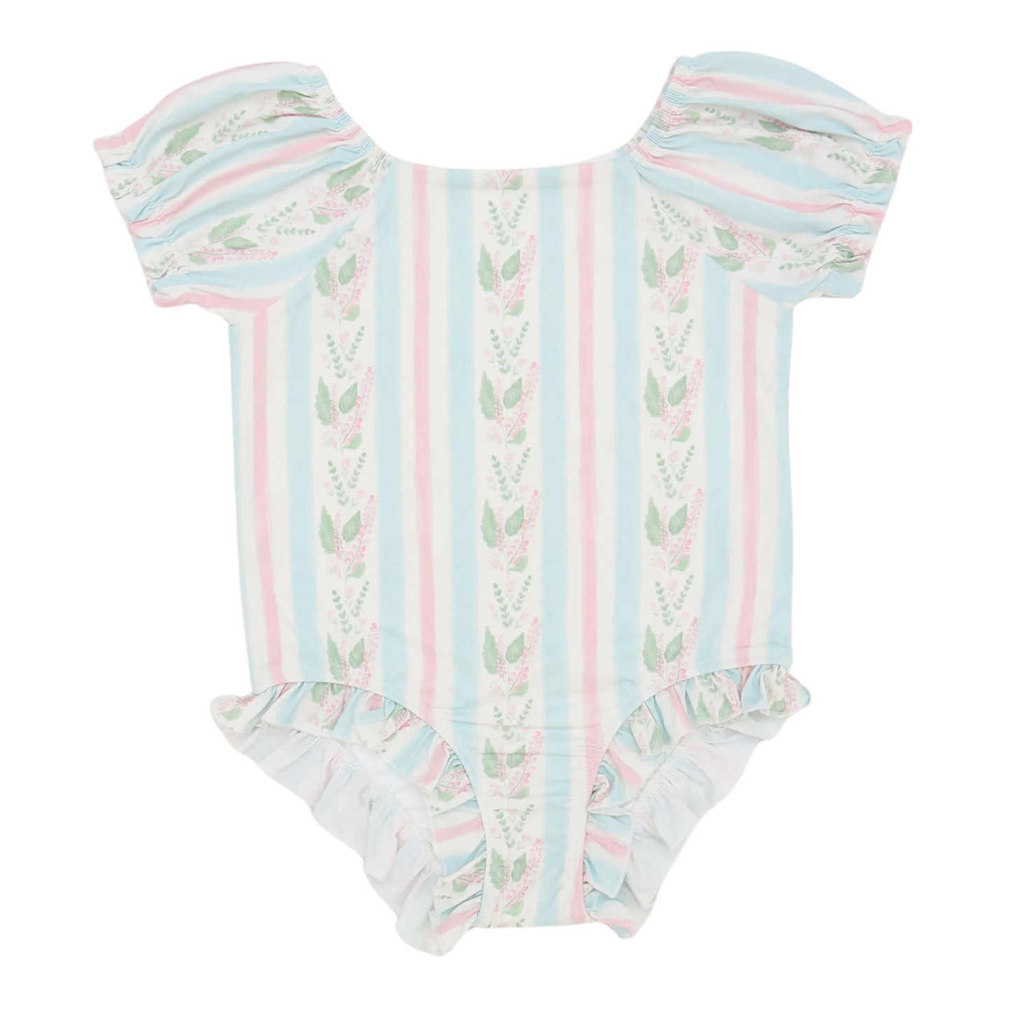 Girls Blue Floral Stripe One Piece Swim