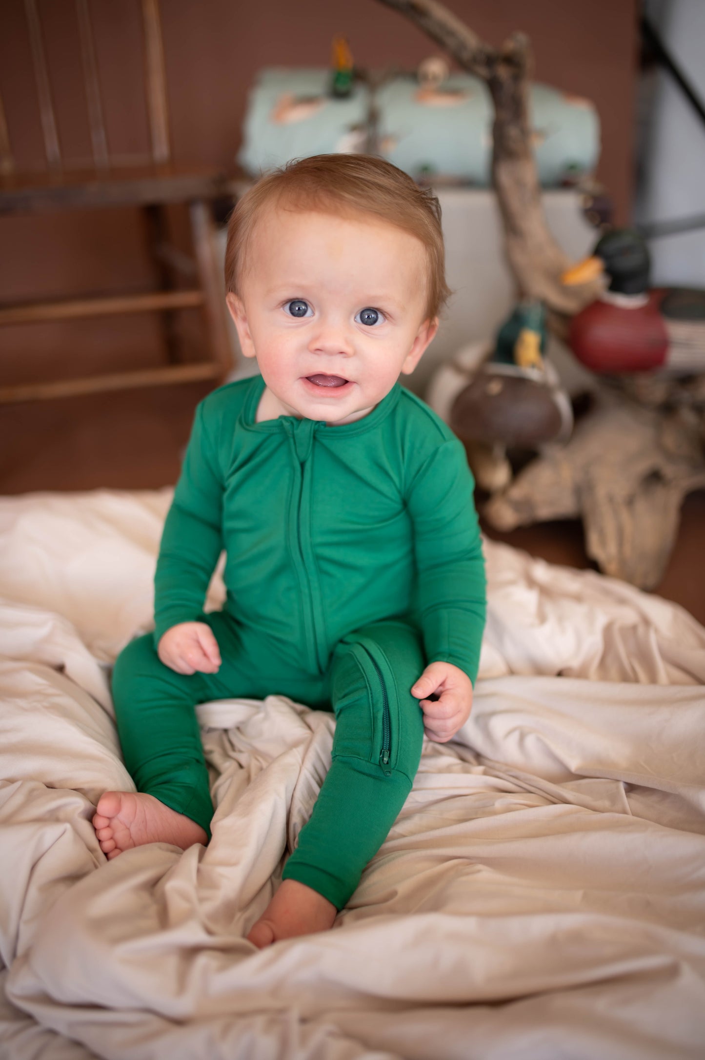 Boys Dark Green Double Zipper Romper