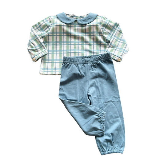 Boys Blue and Green Check Top and Pants Set