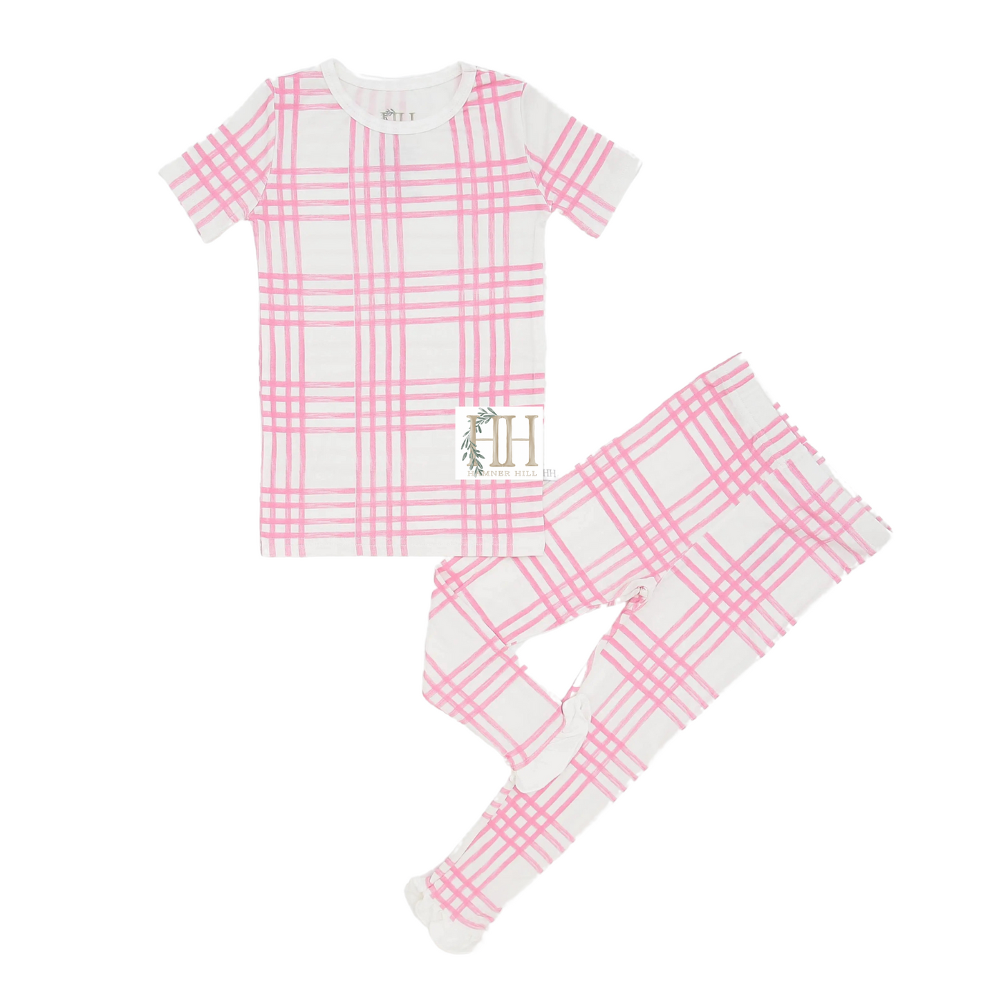 Girls Preppy Pink Plaid Ruffle Loungewear Set