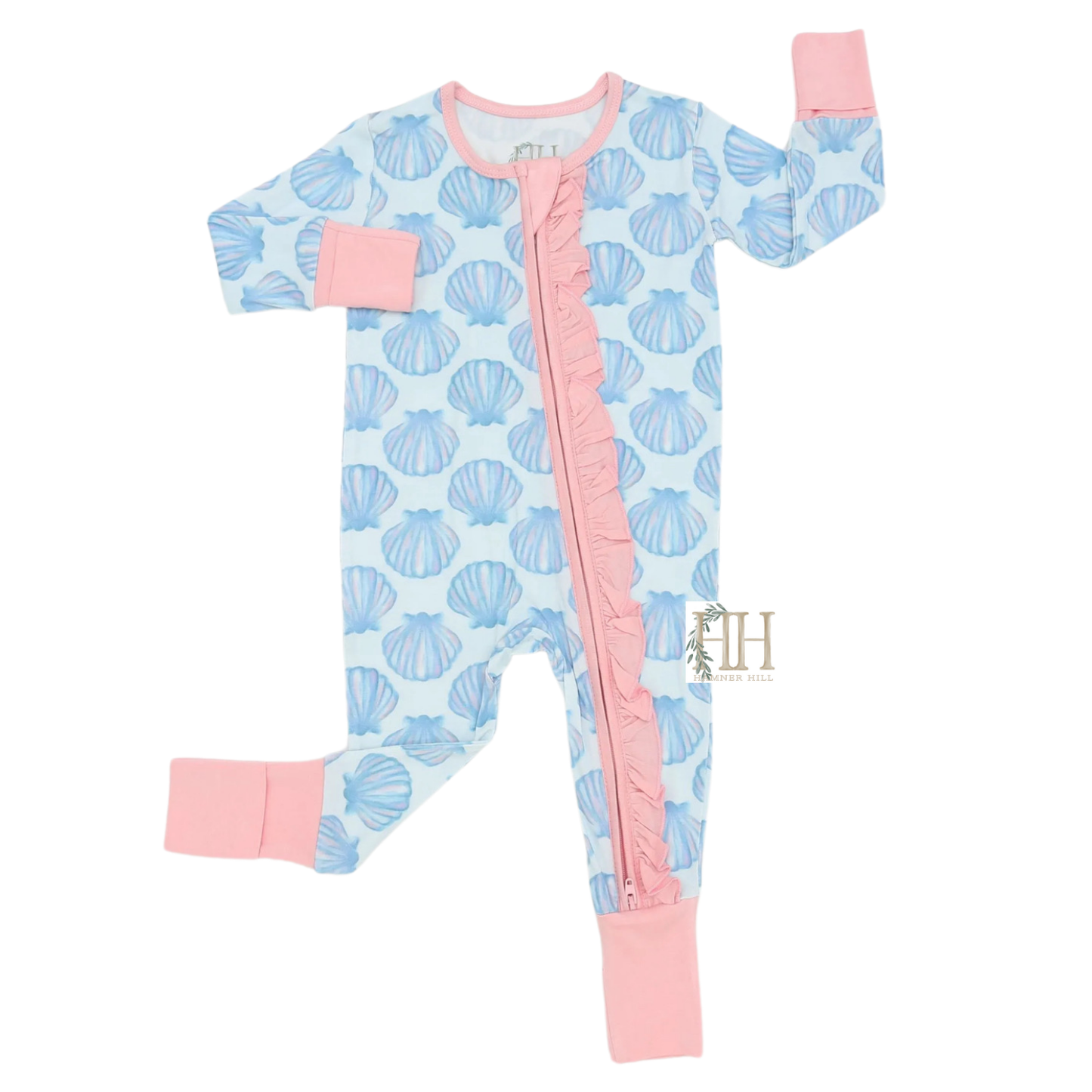 Girls Seashell Ruffle Double Zipper Romper