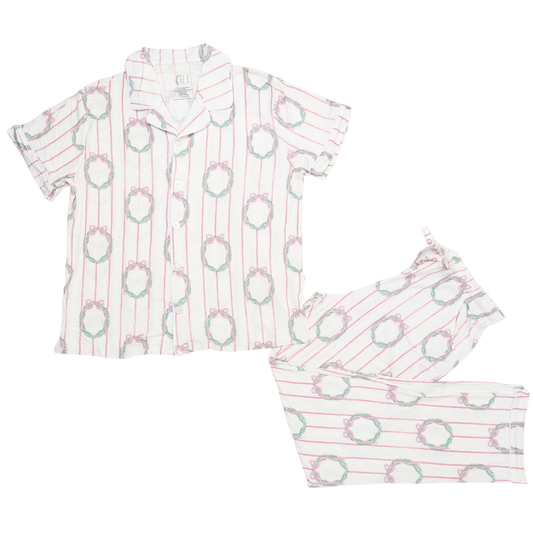 Women Pink Wreath Button Down Pants Set