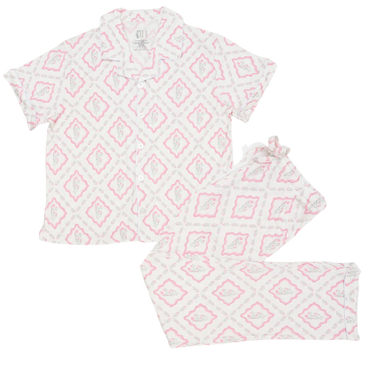 Womens Petite Bloom Button Down Short Sleeve Bamboo Loungewear Set