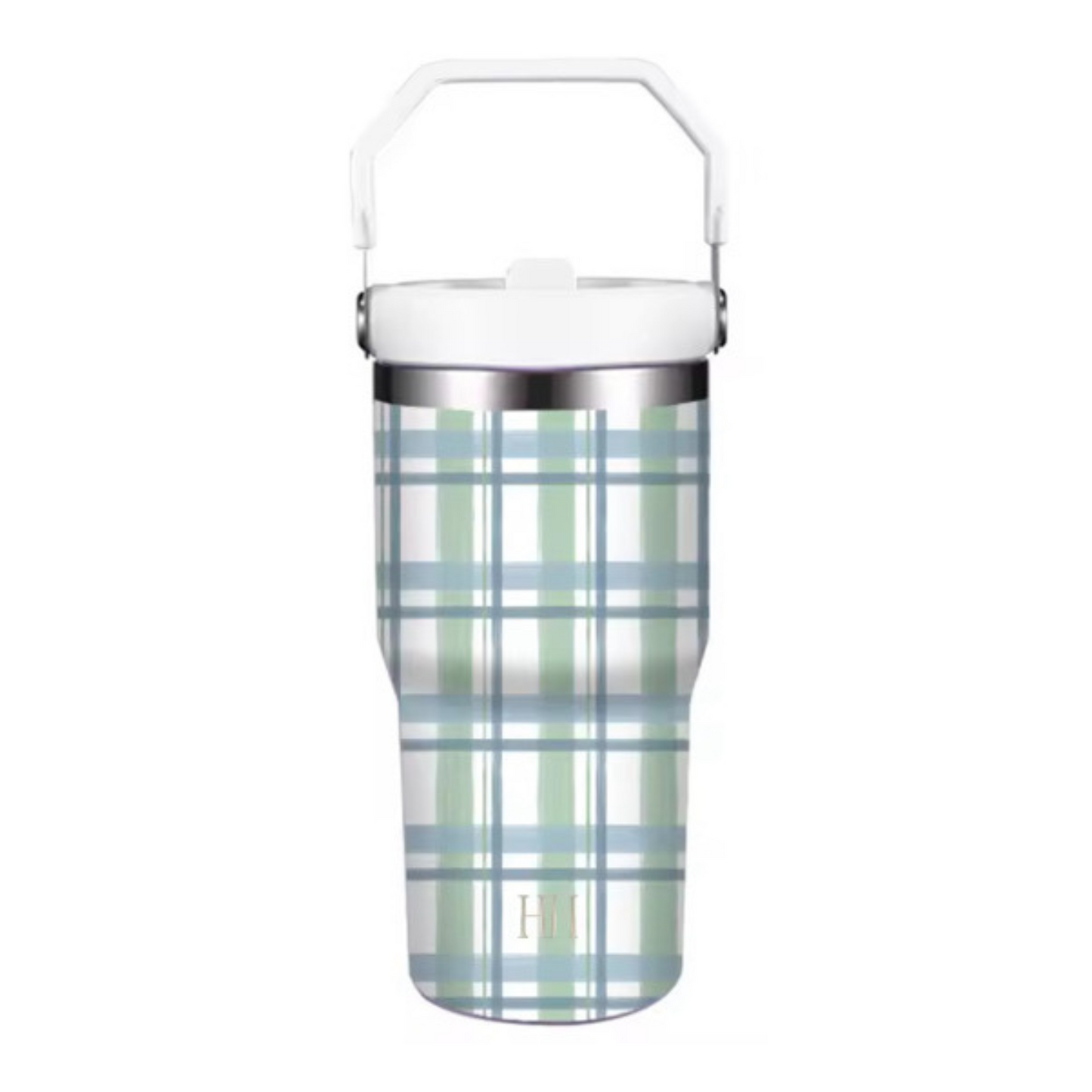 Blue and Green Check Straw Cup