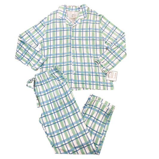 Women Blue and Green Check Button Down Pants Set