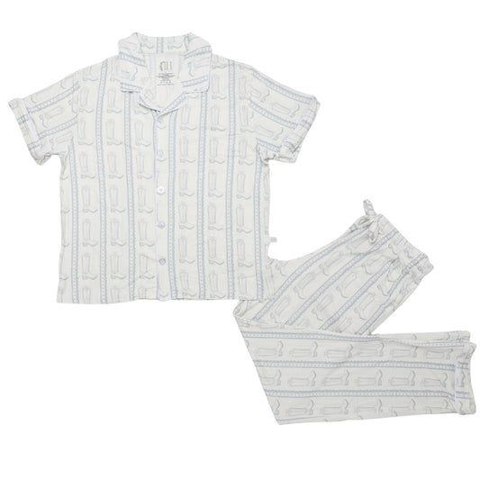 Womens Blue Heart Boots Button Down Loungewear Set