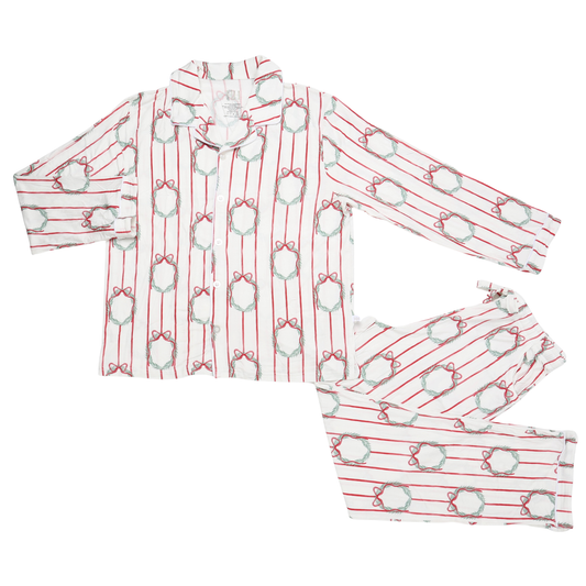 Womens Poinsettia Wreath Button Down Loungewear Set