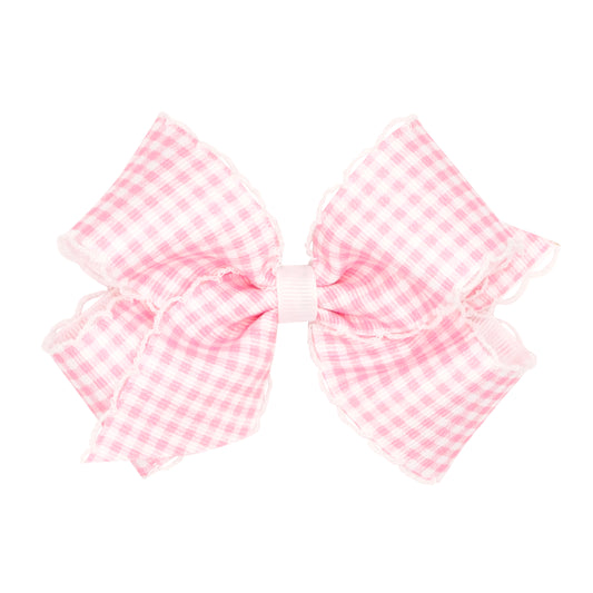Medium Gingham-Printed Grosgrain Hair Bow with Moonstitch Edge - Pink