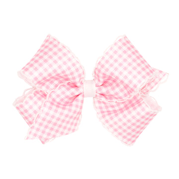 medium Gingham-Printed Grosgrain Girls Hair Bow With Moonstitch Edge - Pink