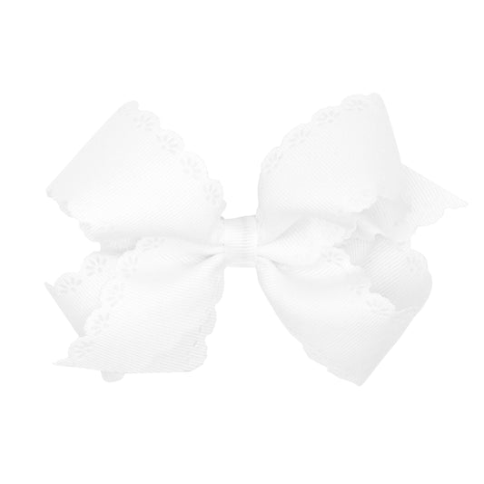 Medium Grosgrain Bow with Eyelet Flower - White