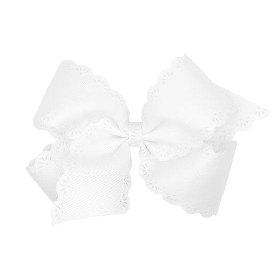 Small King Grosgrain Bow with Eyelet Flower Embossed Edges - White