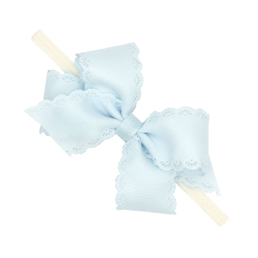 Small Grosgrain Hair Bow with Embossed Eyelet Edge on White Nylon Band - Blue