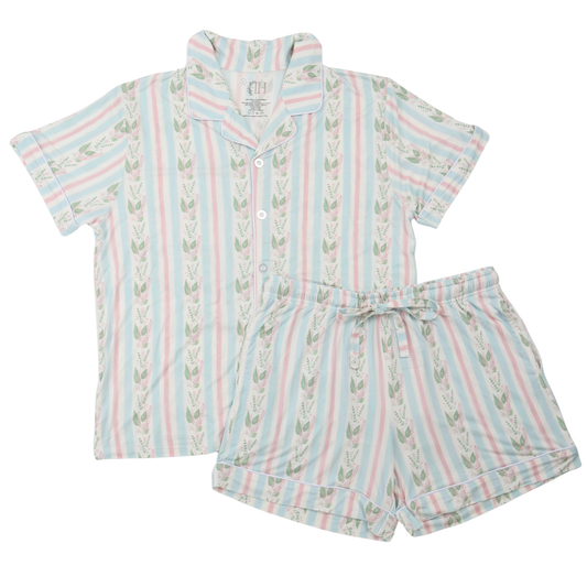Womens Blue Floral Stripe Button Down Short Sleeve Short Set