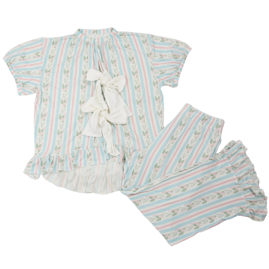 Womens Blue Floral Stripe Bow Loungewear Set