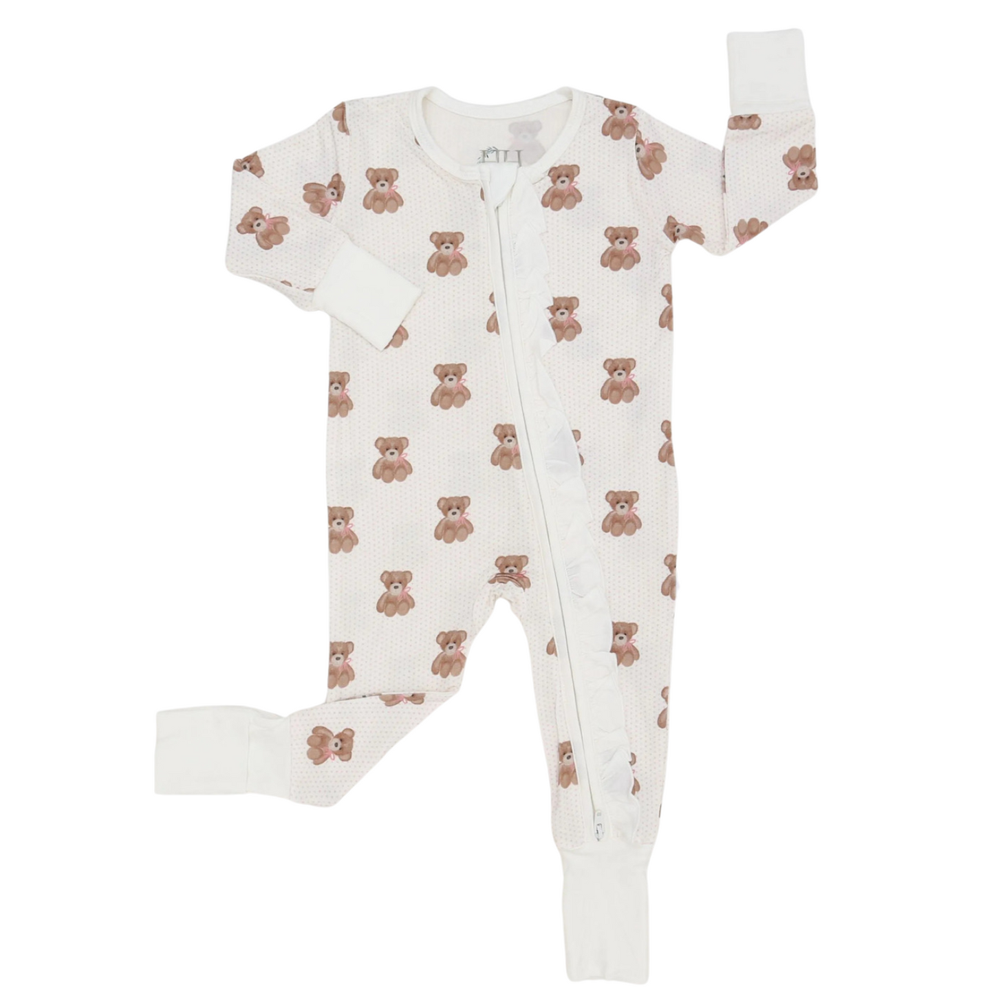 Girls Pink Beary Cute Double Zipper Romper
