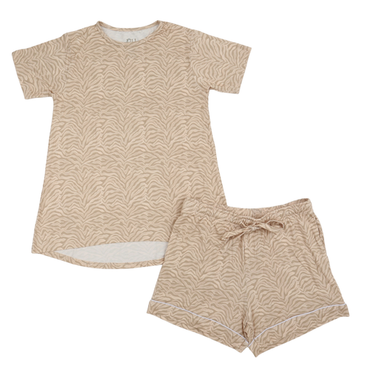 Womens Neutral Zebra Scoop Neck Lounge Short Set