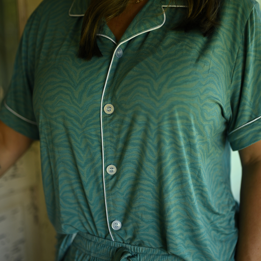 Womens Teal Zebra Short Sleeve Button Down Pants Set