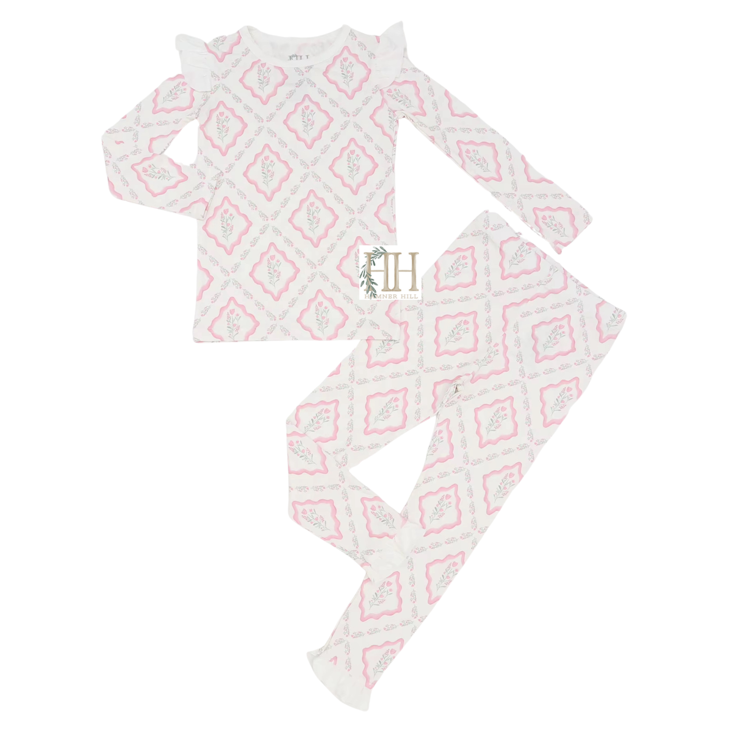 Girls Floral Diamond Ruffle Loungewear Set