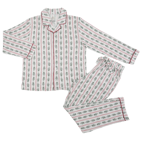 Womens Pine Needles Long Sleeve Button Down Bamboo Loungewear Set
