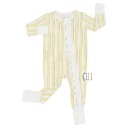 Girls Yellow Stripes  Ruffle Double Zipper Romper