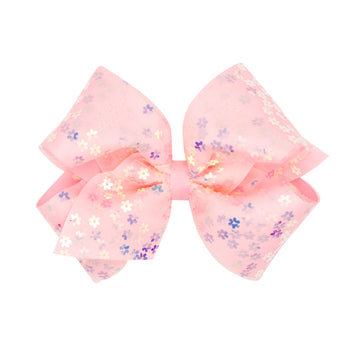 King Flower Sequin Tulle Overlay Grosgrain Hair Bow - Light Pink