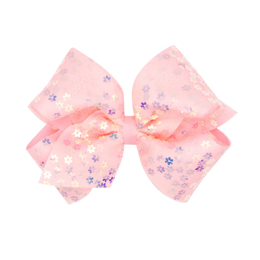 King Flower Sequin Tulle Overlay Grosgrain Hair Bow - Light Pink