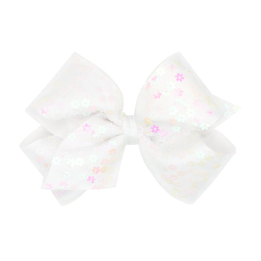 King Flower Sequin Tulle Overlay Grosgrain Hair Bow - White