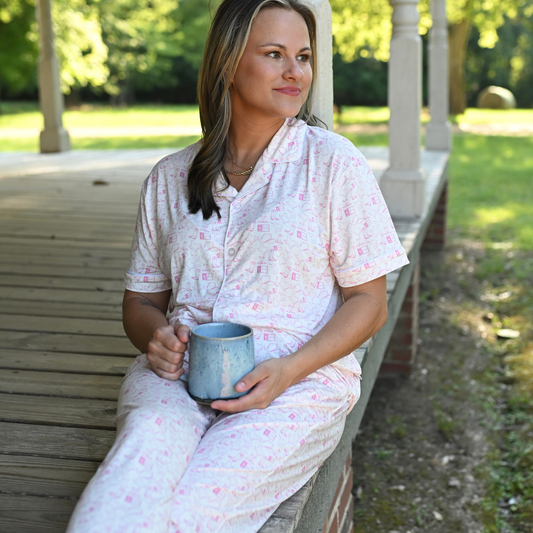 Womens Pink Wild West Short Sleeve Button Down Pants Set