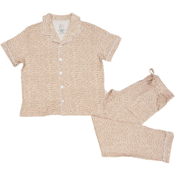 Womens Neutral Zebra Button Down Short Sleeve Loungewear Set