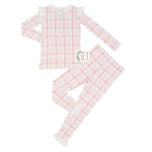 Girls Pink Check Bunny Ruffle Loungewear Set