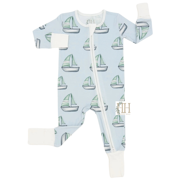 Boys Sailboats Double Zipper Romper