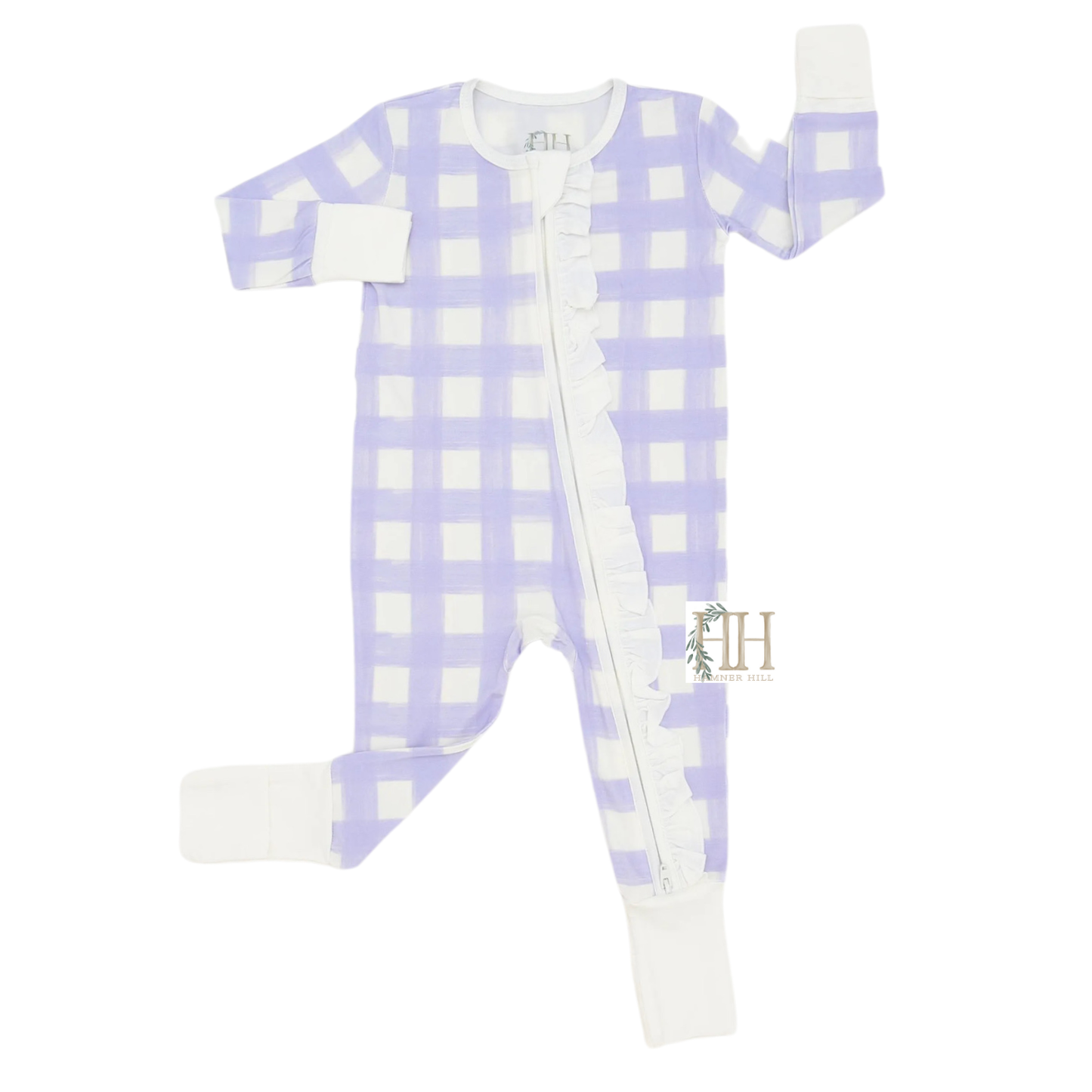 Girls Purple Check Ruffle Double Zipper Romper