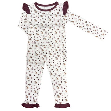 Girls Ruffle Maroon Bulldog Pom Loungewear Set