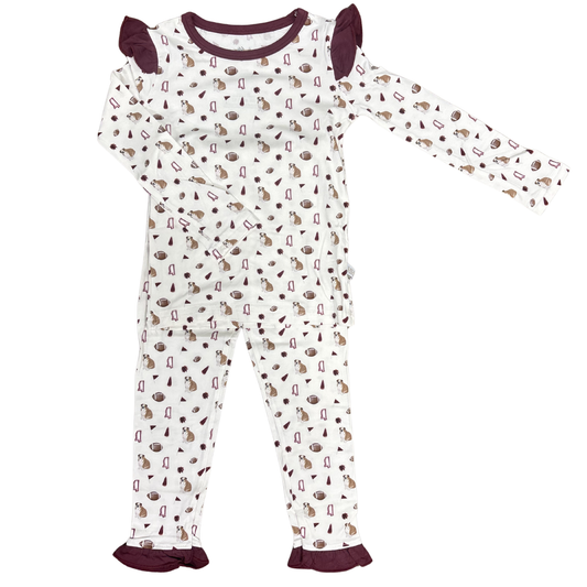 Girls Ruffle Maroon Bulldog Pom Loungewear Set